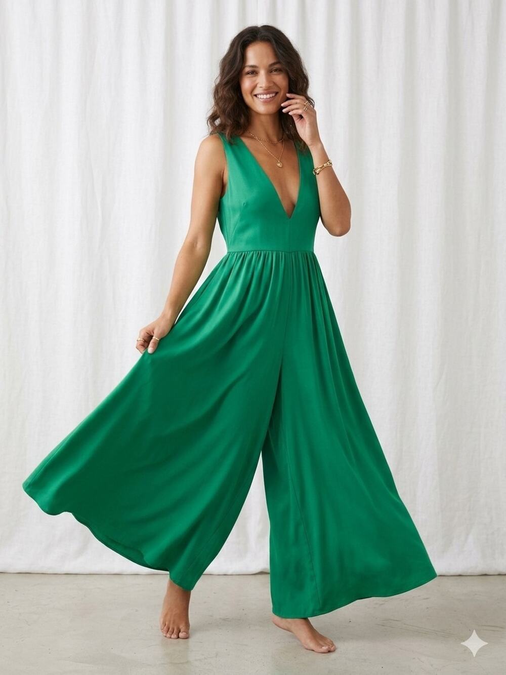 New Stunning Season Kelly Green Wide Leg Jumpsuit size 10 Linen Pockets Emerald